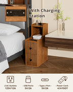 Narrow Side Table with Charging Station, Slim Nightstands with Storage Drawers, Mid Century Modern Bedside Tables for Living Room, Small Spaces, Bedroom