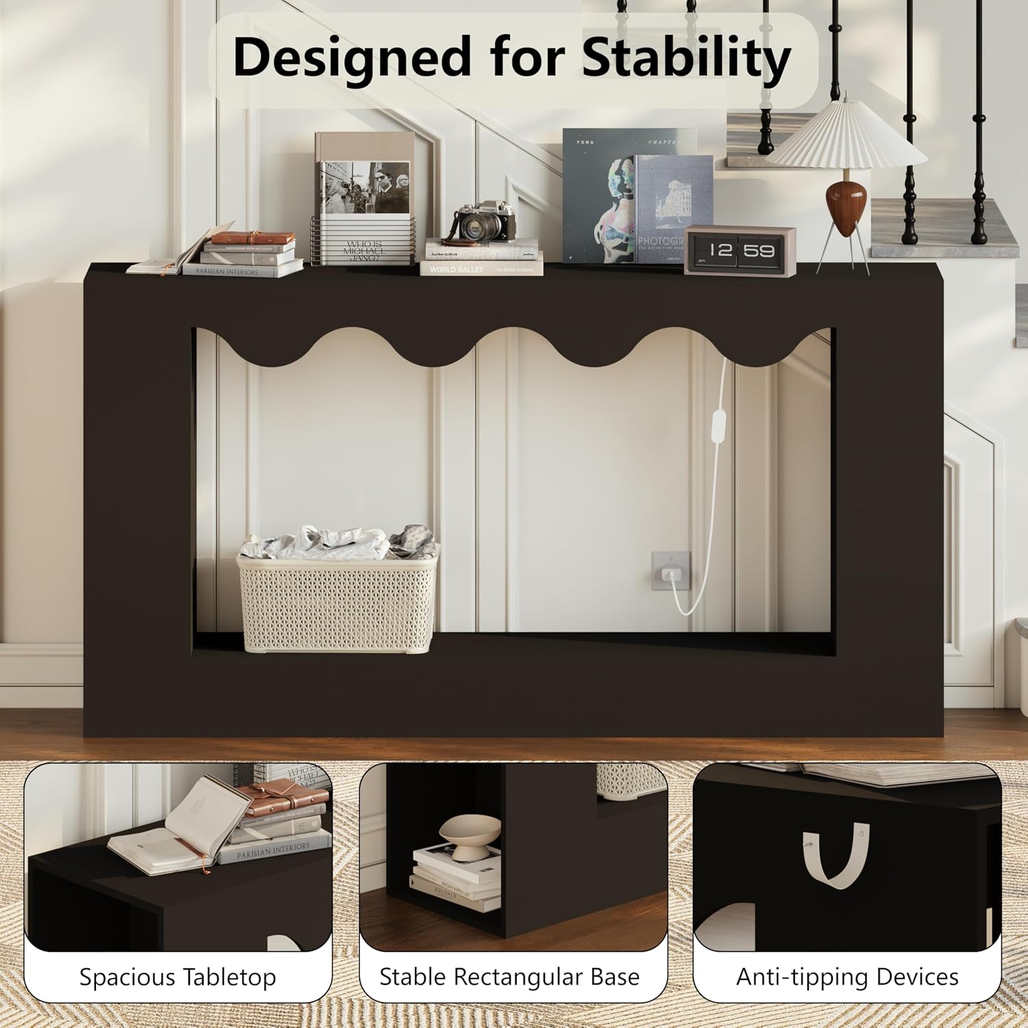 63-Inch Smart Console Table with App & Button Controlled RGB Lights, Wavy Edge Wood Farmhouse Entryway Table, Rectangular Accent Sofa Table Behind Couch for Hallway Foyer Entrance, Black