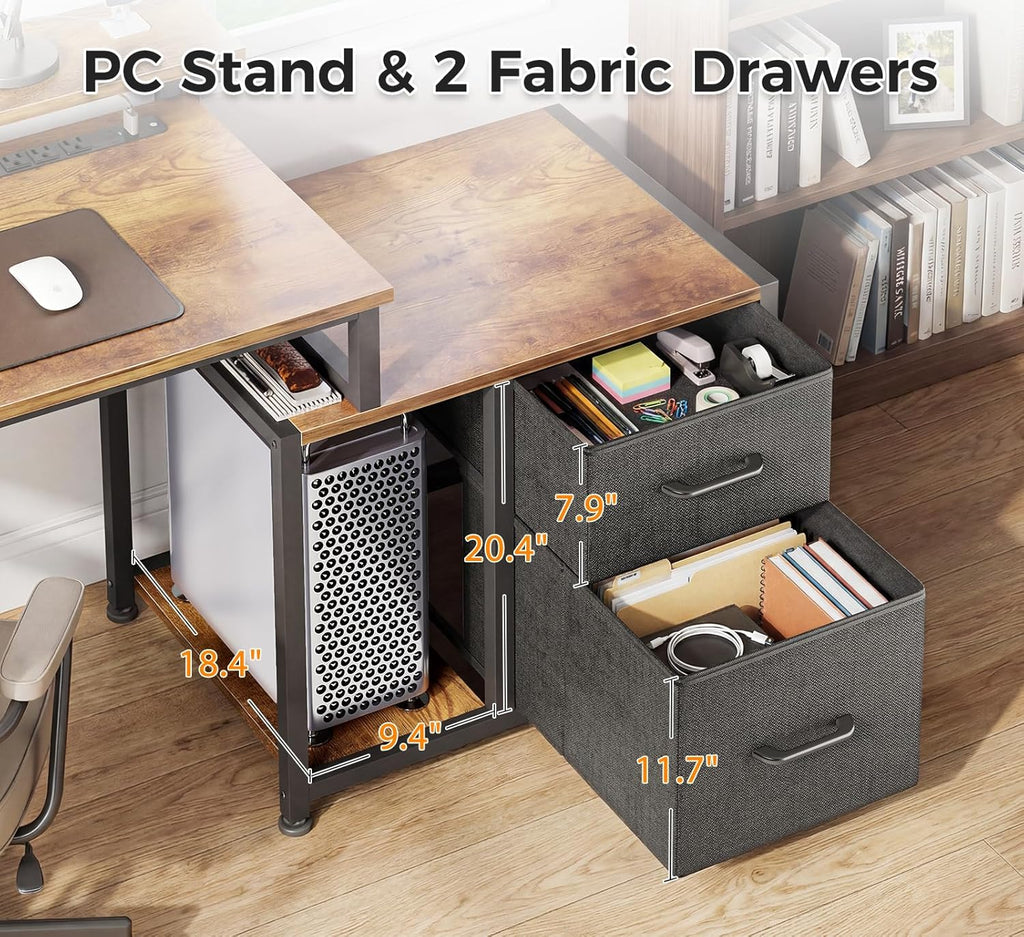 AODK Computer Desk with Printer Storage Shelf, 56 Inch Office Desk with Drawers & Power Outlet, Reversible Desk Space-Saving Workstation with Individual PC Stand, Rustic Brown