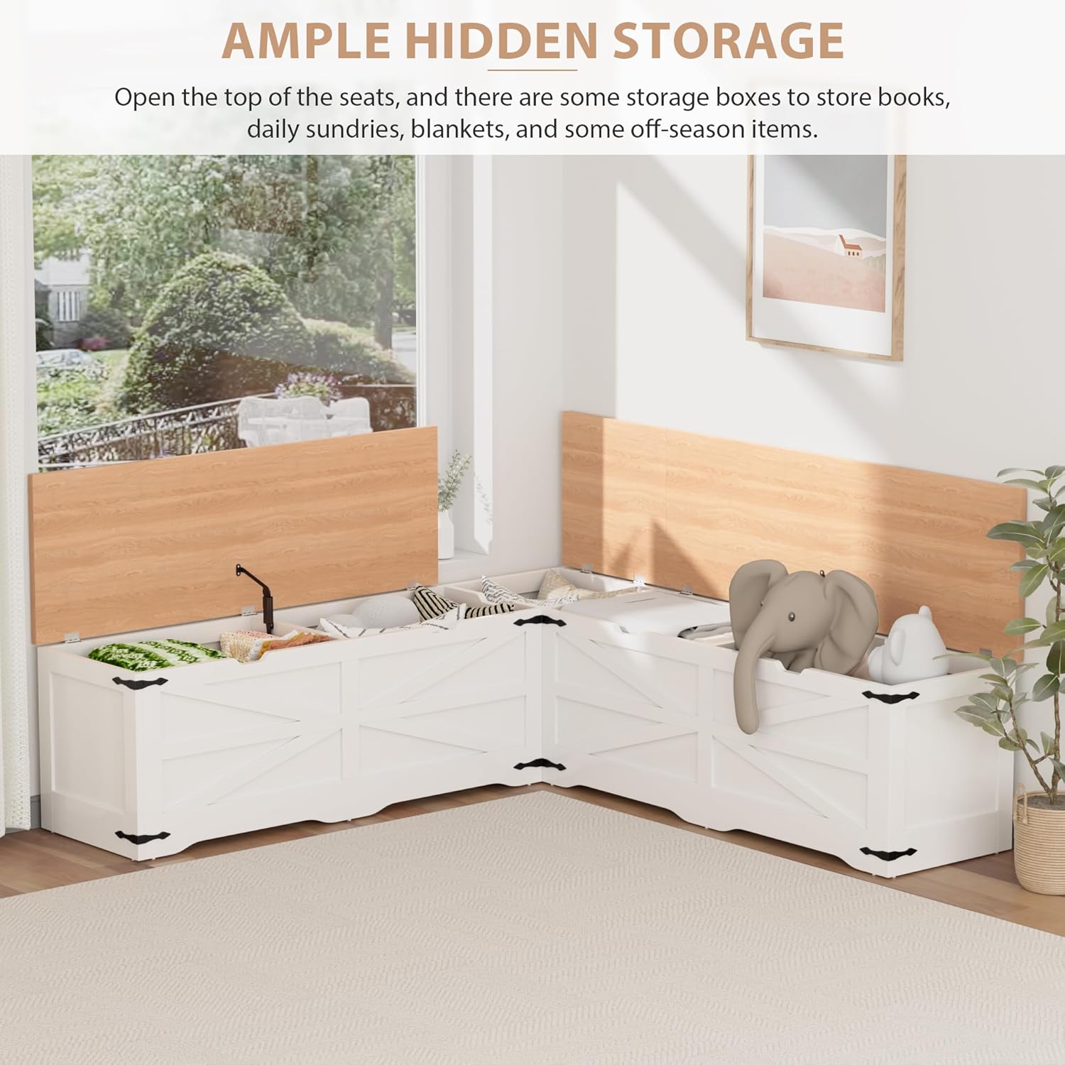 L Shape Kitchen Breakfast Nook Bench, Backless Farmhouse Storage Bench, Corner Dining Bench with Hidden Storage for Dining Room, Kitchen, Entryway