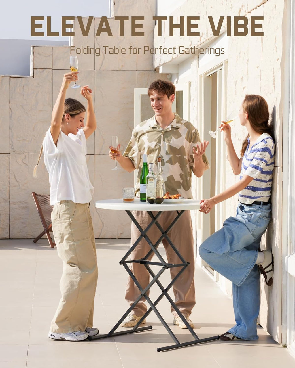 FanttikOutdoor 32" Round Folding Table 4 Heights Adjustable, One-Hand Quick Lift, Instalift, Plastic Portable Indoor Outdoor Table for Parties Commercial Events, 1 Pack, Granite White Zeta O3 Pro