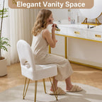 Gitrah White Vanity Chair with Storage, Folding Back Faux Fur Vanity Stool, Makeup Ottoman with Gold Legs for Bedroom/Bathroom