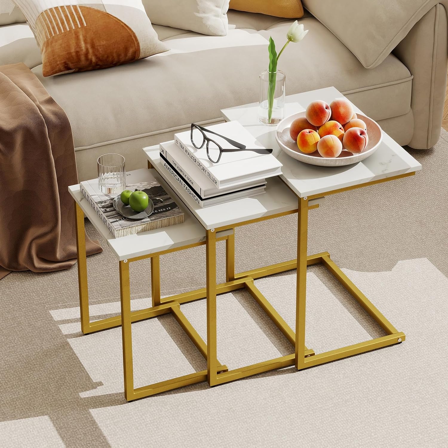 Giantex Nesting Coffee Table Set of 3, Stackable Square End Table w/Faux Marble Tabletop & Heavy-Duty Metal Frame, Farmhouse C-Shaped Accent Table for Small Space, Living Room, Bedroom (White Gold)