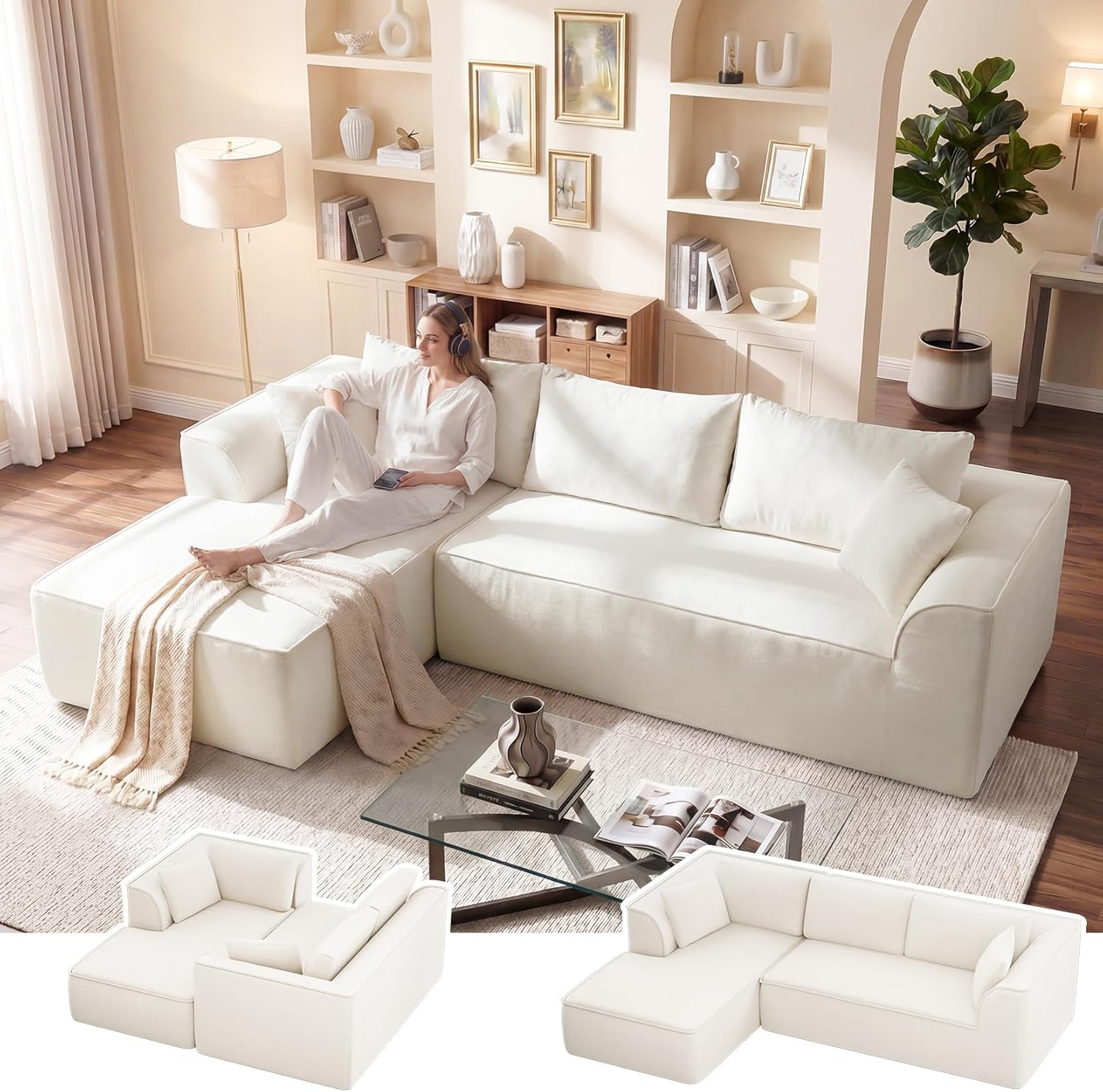 Vesgantti 106" Cloud Couch Sectional Modular Sofa, Deep Seat Comfy Cloud Couch Chenille Memory Foam Sofa Modular Couches for Living Room Bedroom, No Assembly Required (Beige, Left-Facing Chaise)