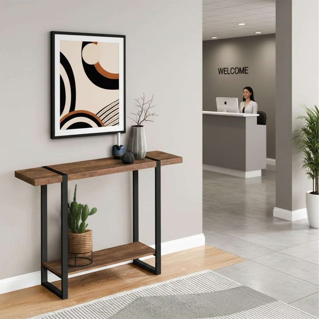 Solid Wood Console Table, 1.96" Thick Top Entryway Table, Narrow Sofa Table Behind Couch, Heavy Duty Industrial Hallway Table with Steel Frame, Rustic Farmhouse