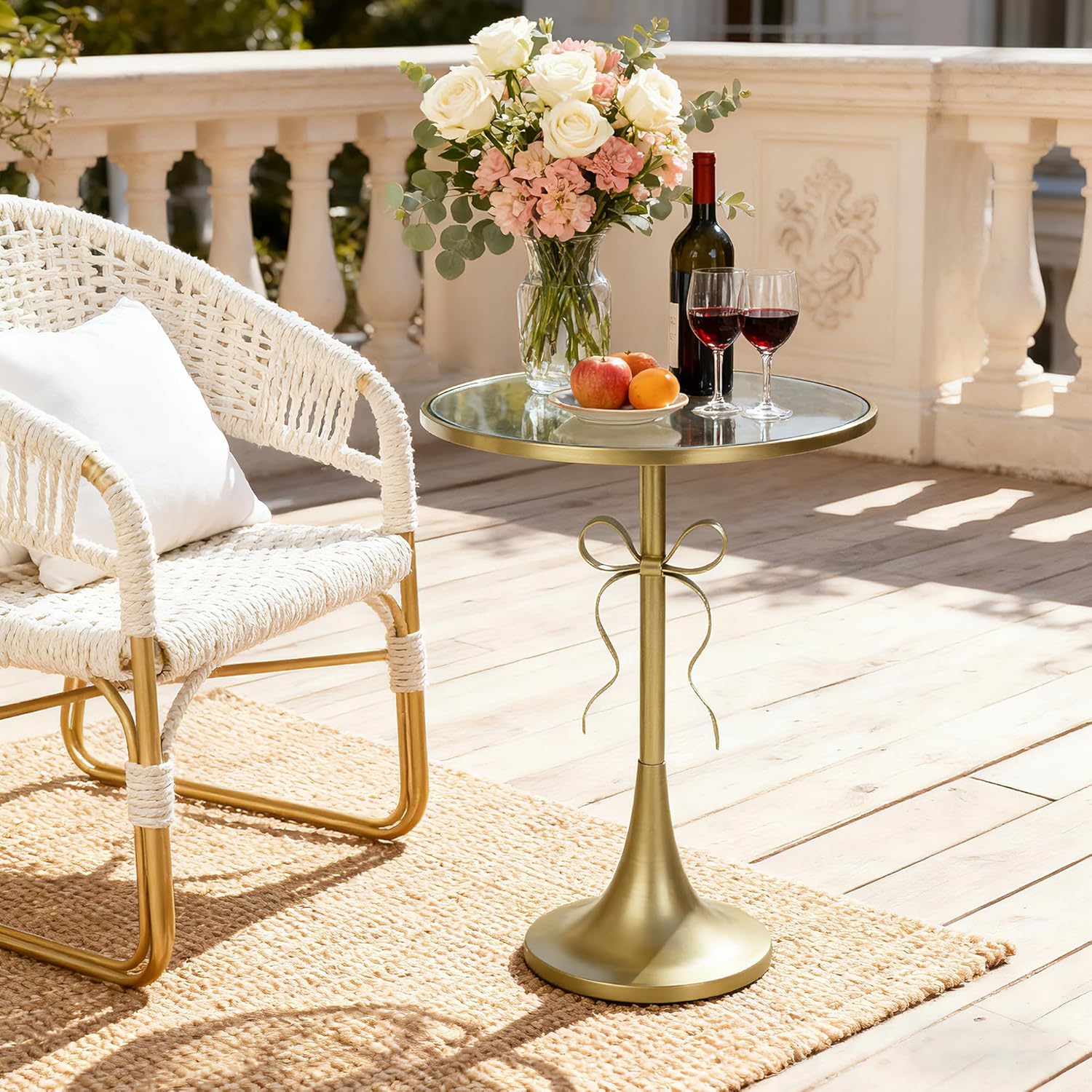 Gold Metal Side Table, Retro Bow Pedestal End Table with Mirror Tabletop, Decorative Martini Drink Table for Small Space, Living Room, Couch, Patio