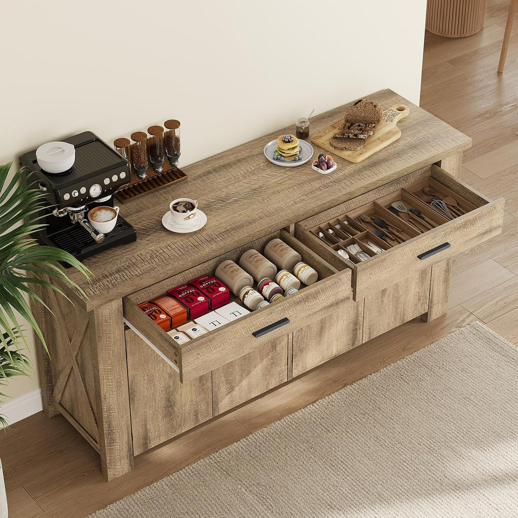 ONBRILL 61 Inch Sideboard Buffet Cabinet with Storage, Buffet Cabinet with 2 Drawers & 4 Doors, Farmhouse Sideboard with Adjustable Shelves, Coffee Bar Cabinets for Living Room, Kitchen, Rustic Brown