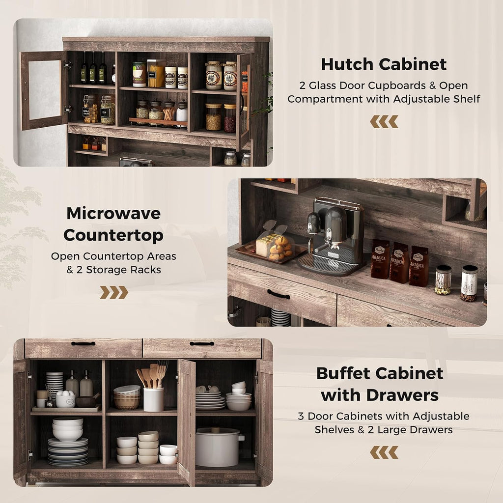 78.5" Tall Kitchen Hutch Storage Cabinet, Large Buffet Cupboard with Glass Doors, Drawers, Adjustable Shelves, Wooden Kitchen Pantry Cabinet with Microwave Shelf for Home Coffee Bar