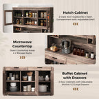 78.5" Tall Kitchen Hutch Storage Cabinet, Large Buffet Cupboard with Glass Doors, Drawers, Adjustable Shelves, Wooden Kitchen Pantry Cabinet with Microwave Shelf for Home Coffee Bar