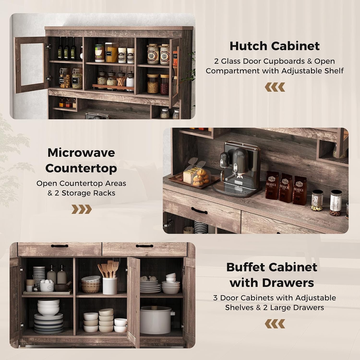 78.5" Tall Kitchen Hutch Storage Cabinet, Large Buffet Cupboard with Glass Doors, Drawers, Adjustable Shelves, Wooden Kitchen Pantry Cabinet with Microwave Shelf for Home Coffee Bar