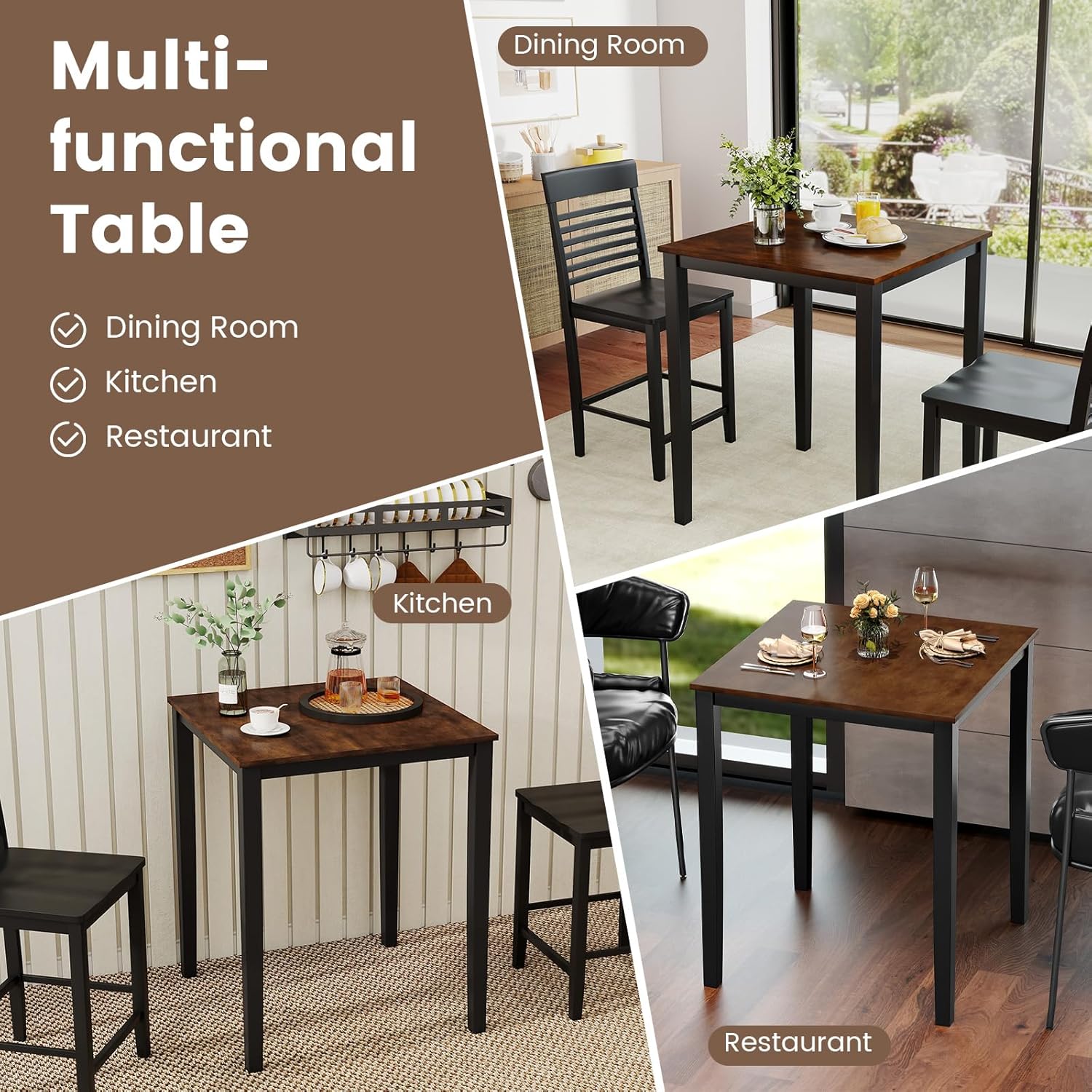 GOFLAME Square Bar Table, Counter Height Pub Table with Rubber Wood Legs, 30 x 30 x 36 Inch Cocktail Table, Dining Table for Kitchen, Bistro, Restaurant, Small Space, Black & Brown