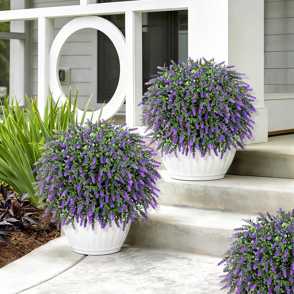 Artificial Plants Bushes for Outdoors, 2 Pack 25.6" Faux Topiary Ball Trees Lavender Plants with Stakes/Spikes for Outside, UV Resistant Fake Greenery for Front Porch, Garden, Yard (Purple, Green )