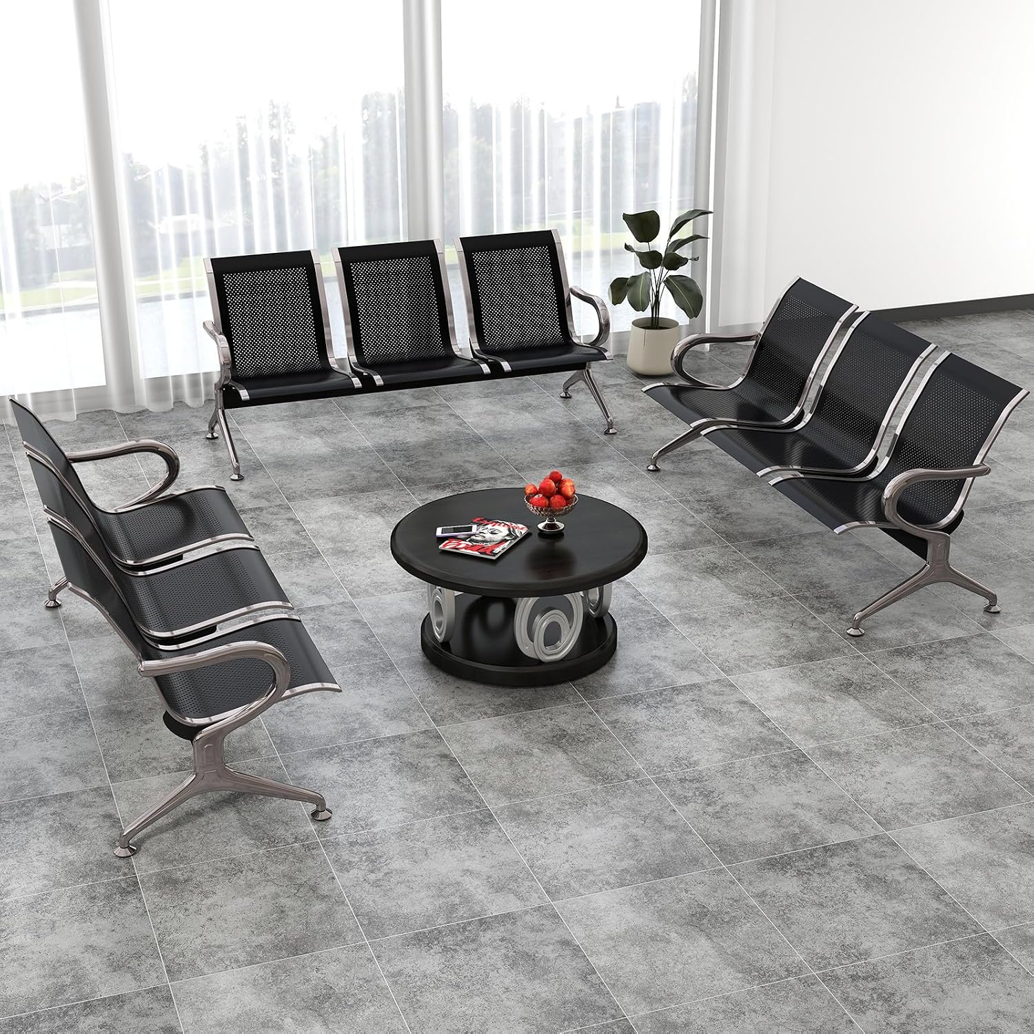 kinbor 3-Seat Waiting Room Chairs with Arms - Modern Reception Bench for Airport, Hospital, Office Lobby - Breathable Mesh & Durable Steel Waiting Area Furniture (Black)