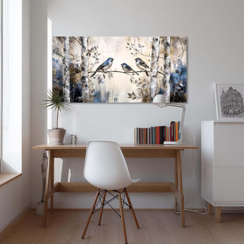 Ggaafet Beige Sparrow Bird Wall Art Decor for Bedroom Cute Chickadee Birds Canvas Pictures Birch Tree Woods Painting Prints Deco Wildlife Artwork