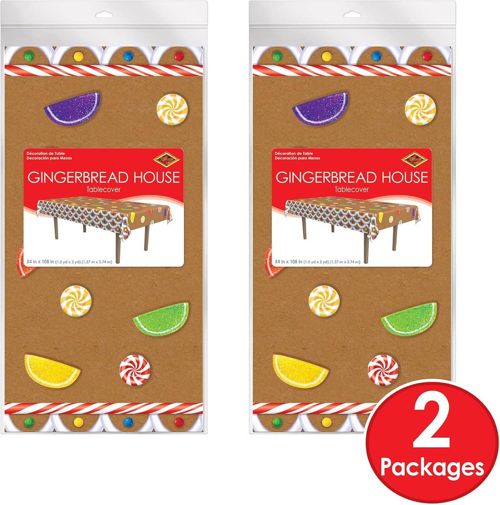 Beistle Gingerbread House Tablecovers, 54” x 108”, 2 Pieces – Plastic Table Cloth, Rectangular Tablecloth, Table Covers for Party, Gingerbread Party Supplies, Christmas Decorations