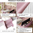 Twin Size Velvet Upholstered Floor Daybed with Stairs, Gas Lift Storage Ottoman and Padded Guardrails for Kids (Pink+White, Twin)