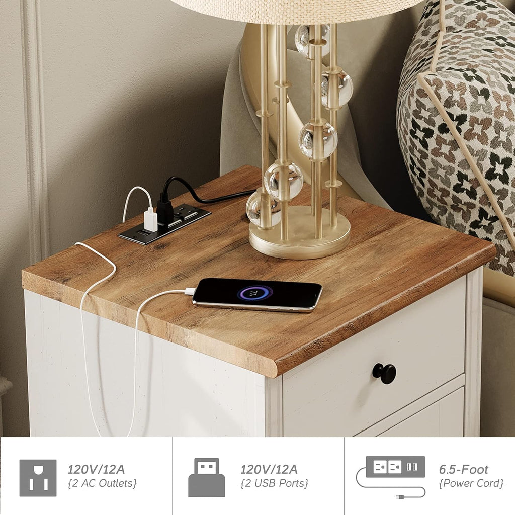 WAMPAT White End Table with Charging Station, Nightstand with Power Outlets & USB Ports, Modern Side Table with Drawer and Storage Cabinet for Bedroom (2PCS)