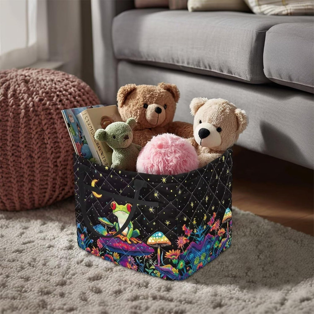 XYZCANDO Frog Mushroom Quilted Storage Basket with Handles Large Capacity Laundry Hamper Organizer Bin with Pocket for Home, Picnic, Shopping, Travel