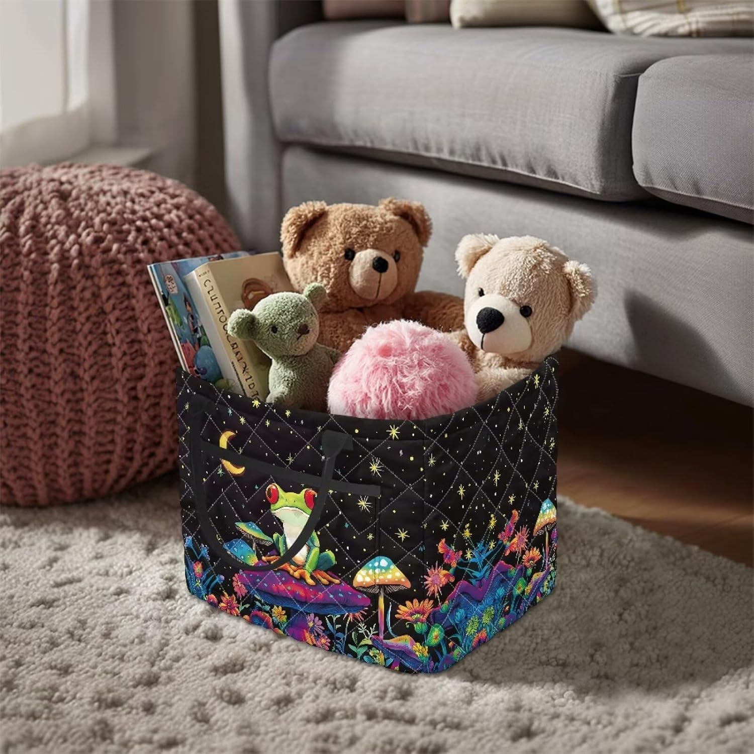 XYZCANDO Frog Mushroom Quilted Storage Basket with Handles Large Capacity Laundry Hamper Organizer Bin with Pocket for Home, Picnic, Shopping, Travel