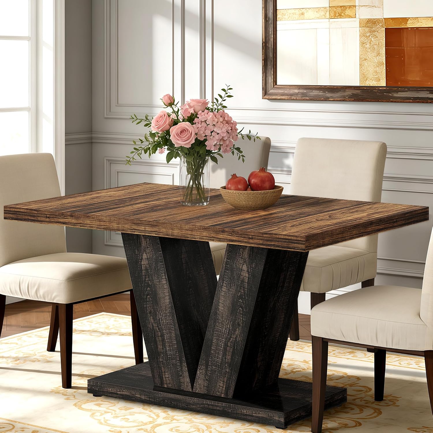 Oigavfd 47 Inch Dining Table, Rectangular Kitchen Table for 4 with Heavy Duty Pedestal Base, Modern Farmhouse Wood Dining Table for Dining Room, Kitchen, and Small Space (Black and Brown)
