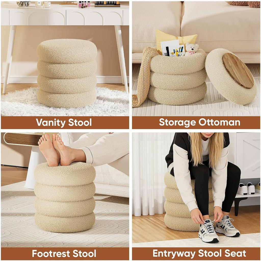 Soft Teddy Round Ottoman with Tray, 17.5 Inches Ottoman Coffee Table with Storage for Living Room, Vanity Stool with Storage Bedroom, Load up to 300 lb, No Assembly Required (Beige)