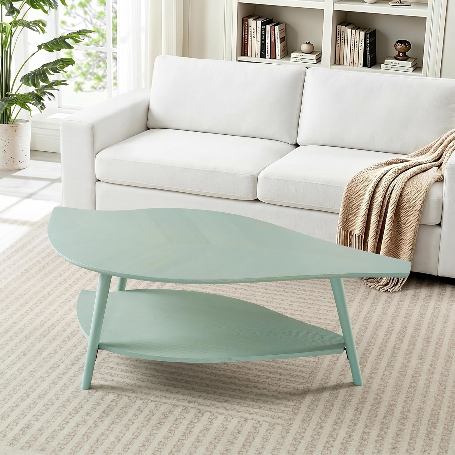 Small Coffee Table with Storage,Unique Leaf Handcrafted Marquetry,Mid Century Modern Oval Wooden Coffee Table,Natural Oak Veneer,Solid Wood Legs,for Living Room,Apartment(Sage Green)