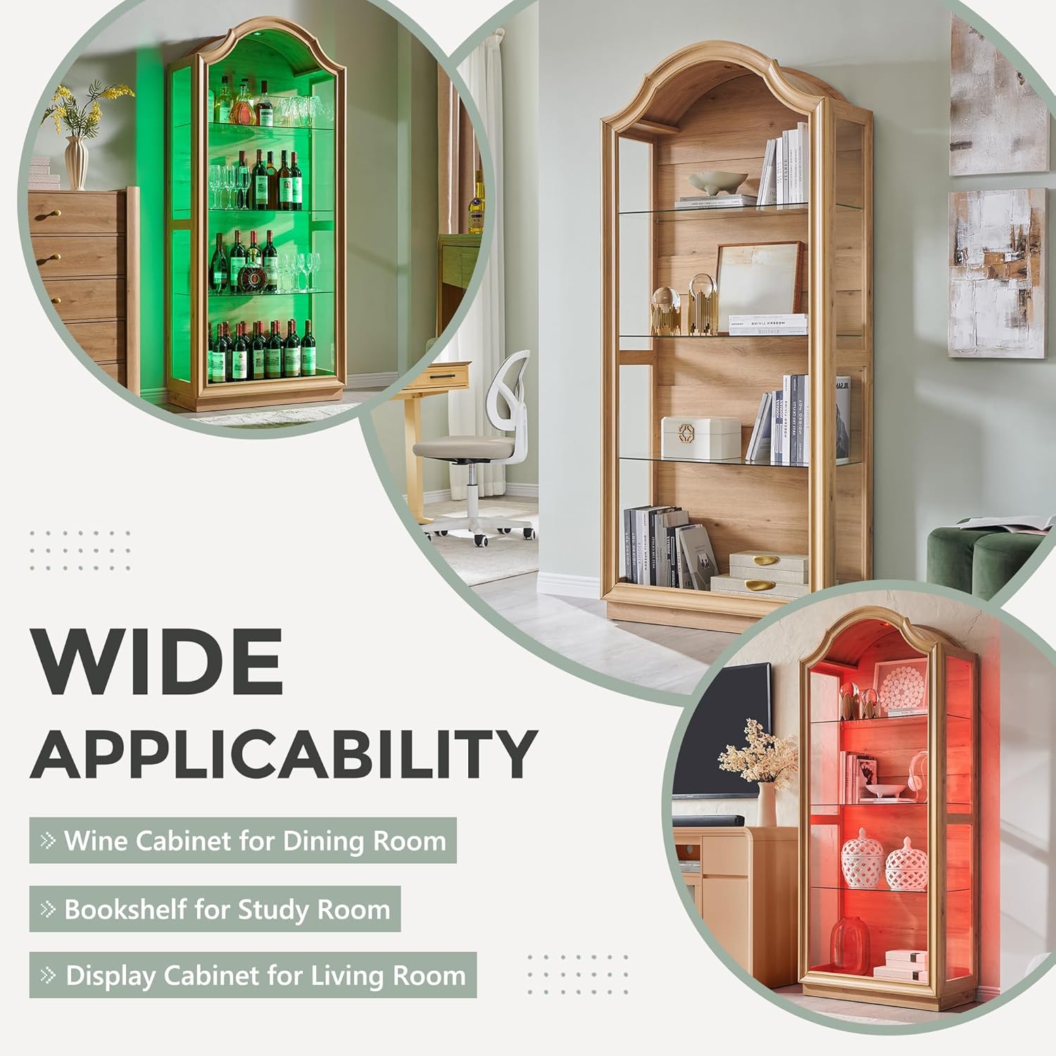 IFGET 72" Arched Glass Display Cabinet, Modern Curio Cabinet with 20 Color Lights, 4-Tier Display Case Shelf with Brightness/Speed Adjustable for Living Room, Dining Room, Study Room-Natural