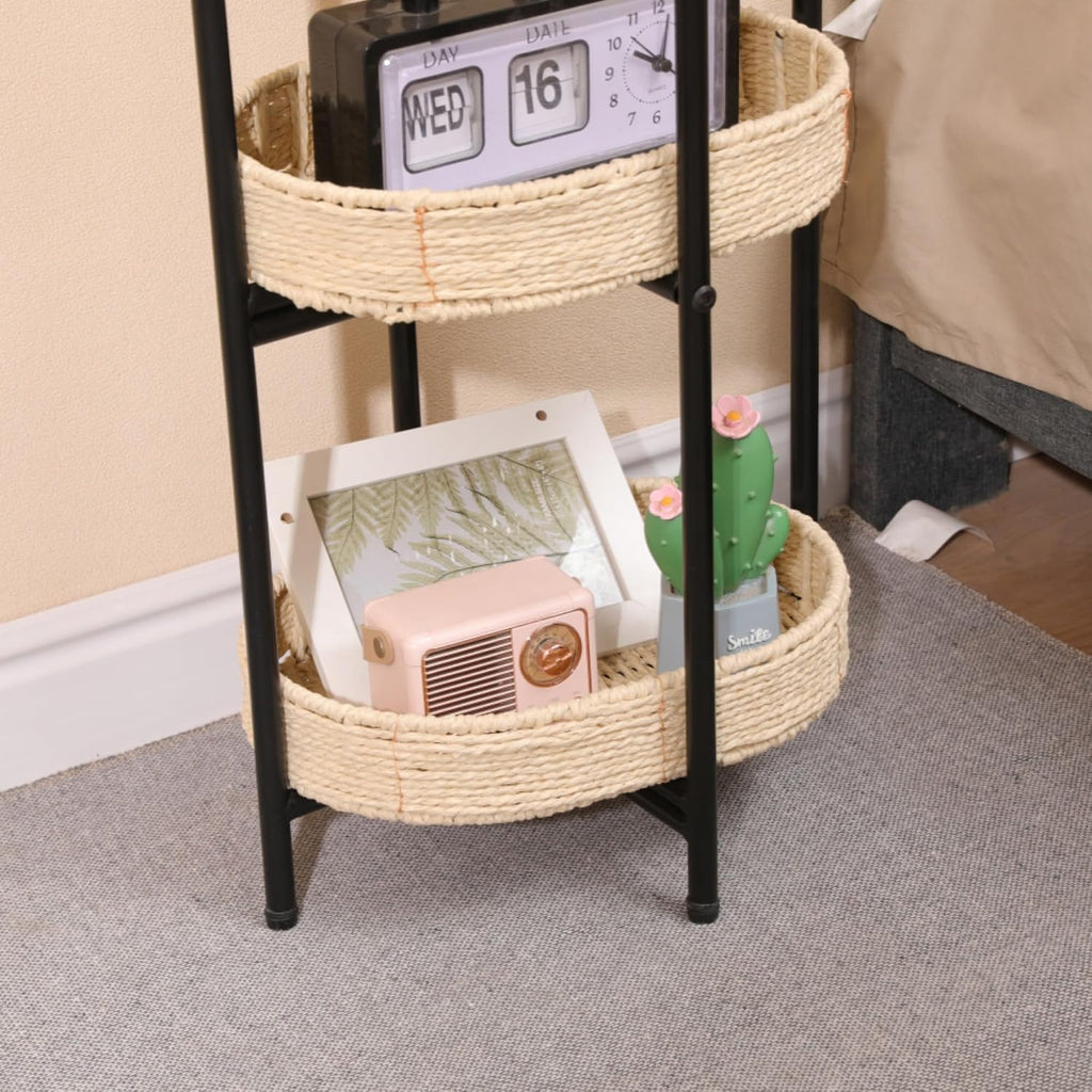Handwoven Paper Rope Side Table, 3 Tier Oval Storage Shelf, Removable Basket Stand, Metal Frame End Accent Organizer for Kitchen Living Room Bedroom Balcony Picnic Snacks Plants Decor (Natural)