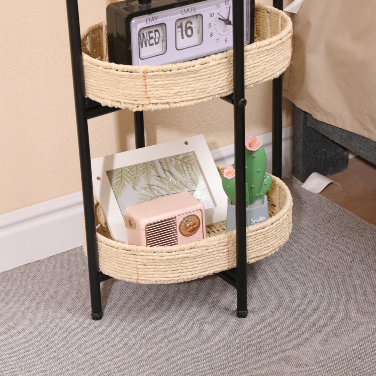 Handwoven Paper Rope Side Table, 3 Tier Oval Storage Shelf, Removable Basket Stand, Metal Frame End Accent Organizer for Kitchen Living Room Bedroom Balcony Picnic Snacks Plants Decor (Natural)