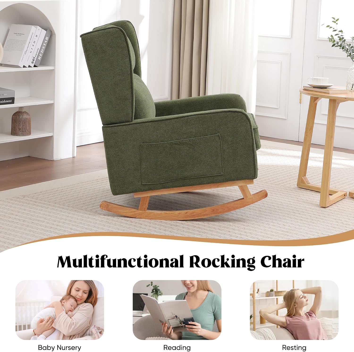 HCHAIRH Nursery Rocking Chairs, Rocking Chair Nursery for Mom Nursery Rocker with High Backrest and Solid Wood Legs, Modern Wingback Accent Rocking Chair for Reading Living Room Bedroom Green