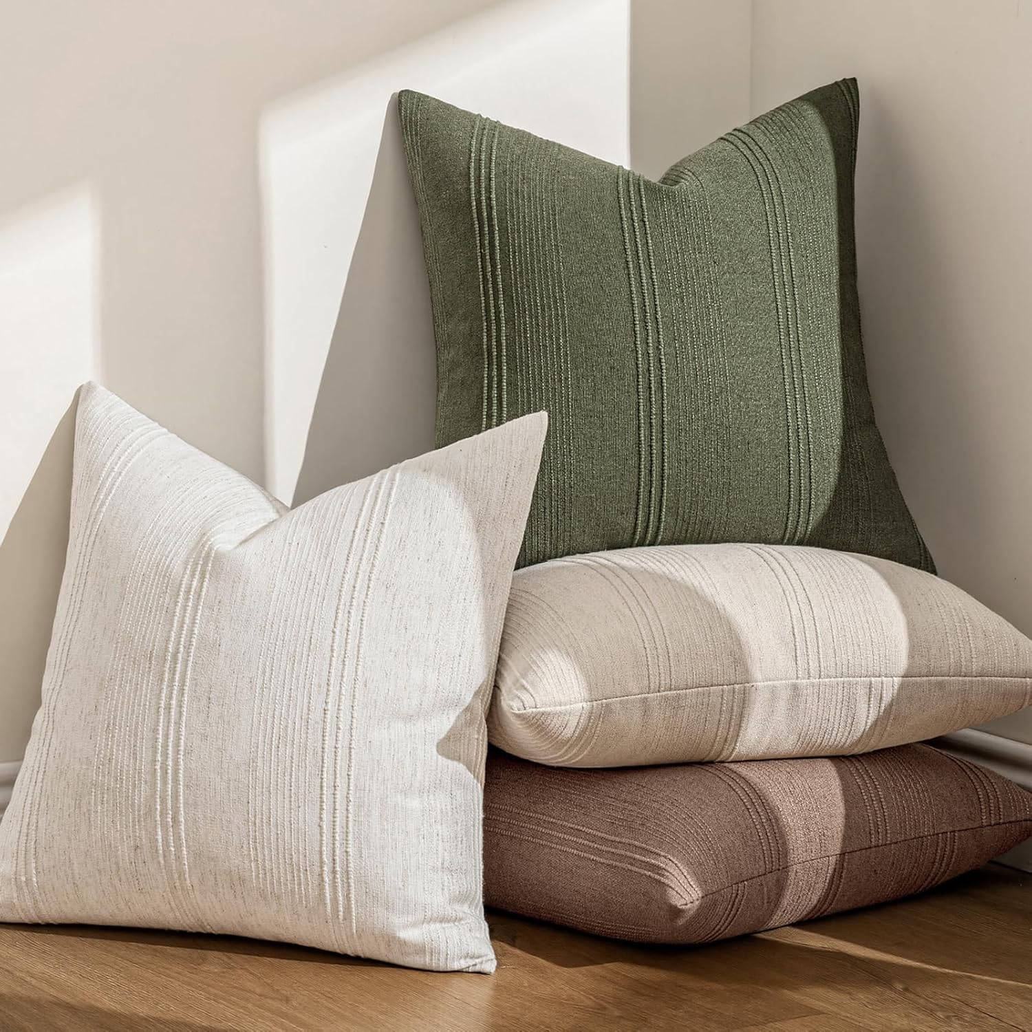 MIULEE Striped Throw Pillow Covers 20x20 Decorative Textured Pillow Covers Pack of 2 Linen Cushion Cases for Couch Bed Sofa Livingroom Farmhouse Home Decor, Olive Green