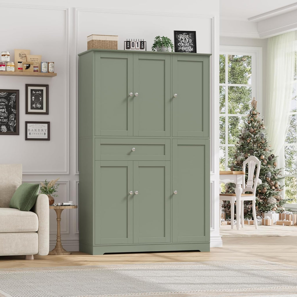 HOSTACK 68" Tall Kitchen Pantry Storage Cabinet, Modern Kitchen Hutch Cabinet with Doors and Shelves, Freestanding Food Pantry with Large Storage Drawer for Dining Room, Living Room, Green