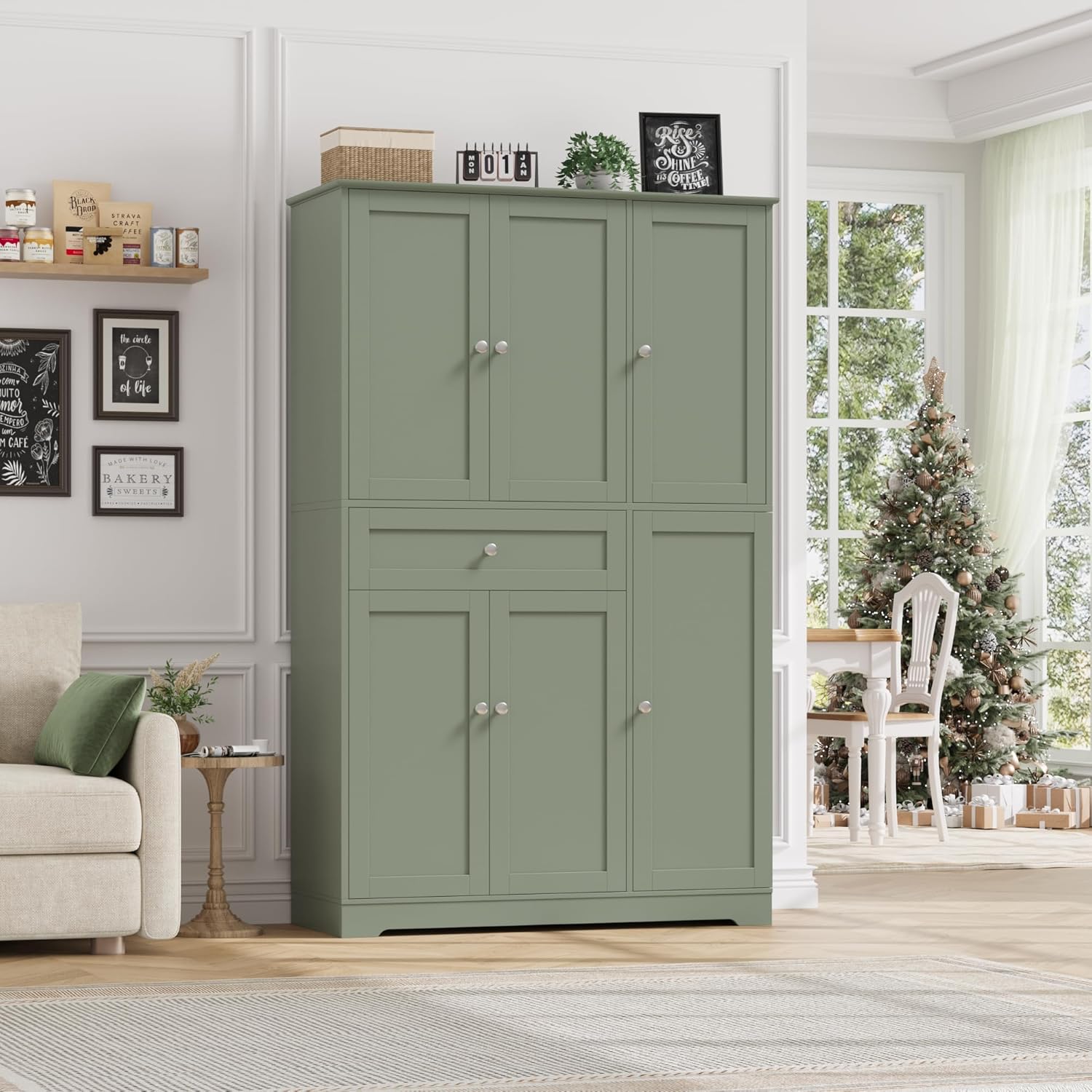 HOSTACK 68" Tall Kitchen Pantry Storage Cabinet, Modern Kitchen Hutch Cabinet with Doors and Shelves, Freestanding Food Pantry with Large Storage Drawer for Dining Room, Living Room, Green
