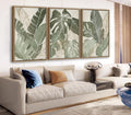 Large Framed Canvas Wall Art - Natural Float Framed Green Plantain Leaves Pictures Decor Brown Leaf Lines Painting Prints Rustic Botanical Artwork for Bedroom Living Room Decoration 60" X 28" Set of 3