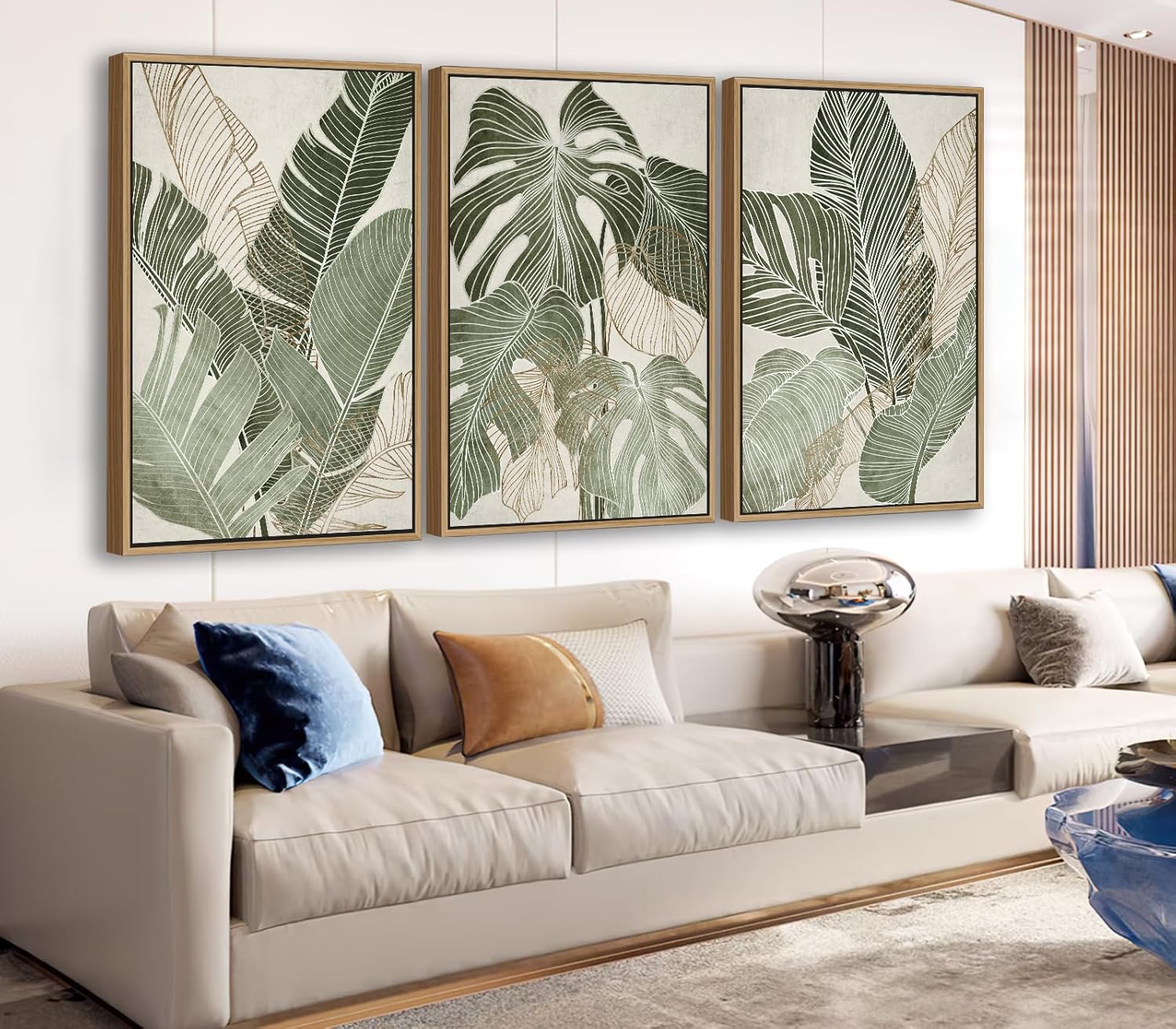 Large Framed Canvas Wall Art - Natural Float Framed Green Plantain Leaves Pictures Decor Brown Leaf Lines Painting Prints Rustic Botanical Artwork for Bedroom Living Room Decoration 60" X 28" Set of 3
