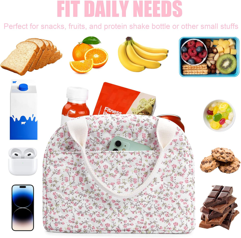 BuyCard Insulated Lunch Bag Women, Reusable Corduroy Cute Lunch Box, Leakproof Floral Lunch Tote Bag with Large Capacity, Small Cooler Lunch Container for Work Office Travel Picnic (Pink Floral)