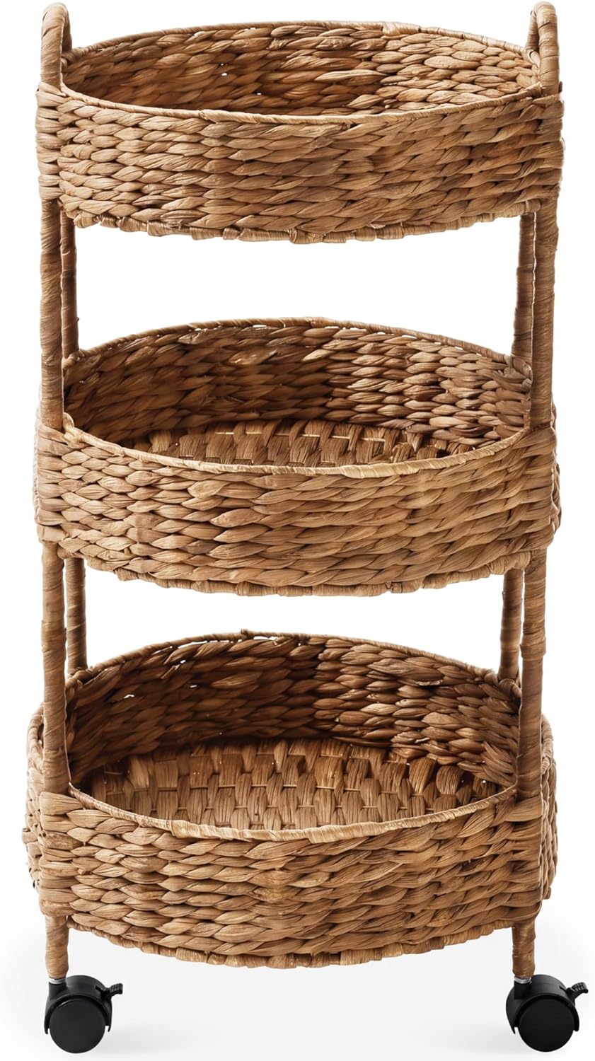 Best Choice Products 3-Tier Round Rolling Nursery Caddy w/Wheels, Handwoven Utility Cart, Storage Organization for Bathroom, Craft Room, Laundry Room - Chestnut