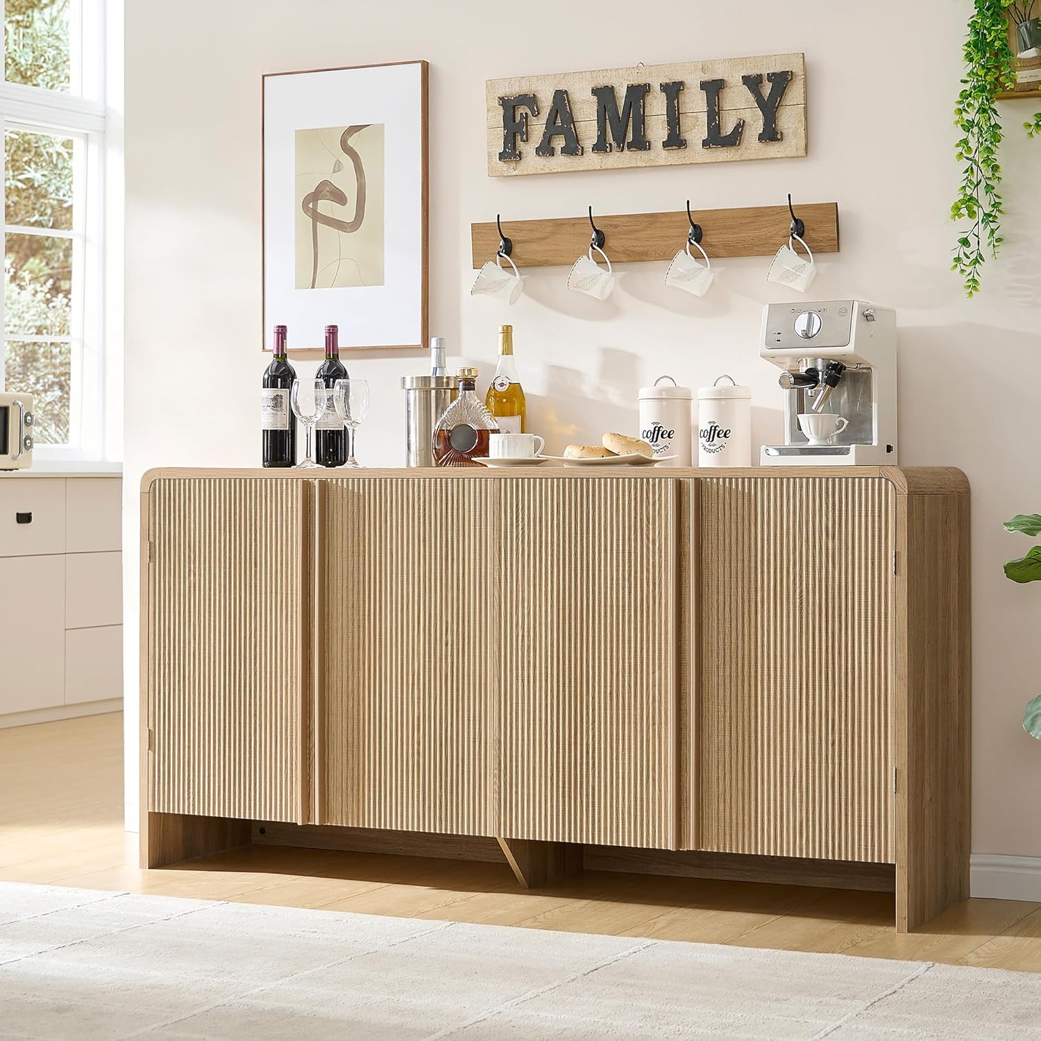 AMERLIFE 63" Fluted Sideboard Buffet Cabinet with Storage, Modern Credenza Console with 4 Doors & Adjustable Shelves, Wood Coffee Bar for Kitchen, Living Room, Hallway, Natural Oak