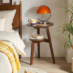 Side Table, Solid Wood 2-Tier Round End Table with Lower Storage Shelf, Small Nightstand for Living Room Bedroom, Modern Couch Coffee Tables