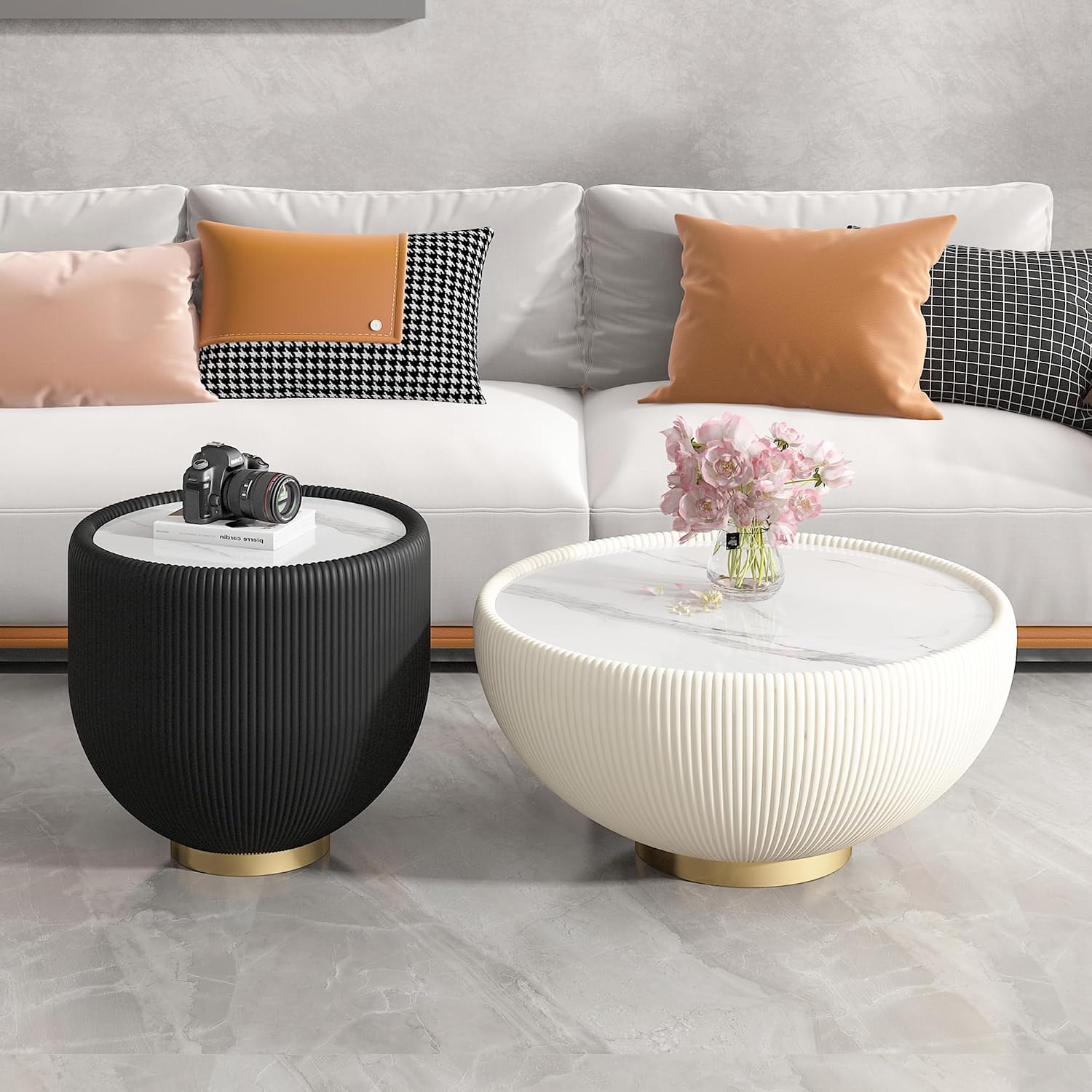 Penau Modern Round Side Table, Faux Marble Sintered Stone Top with Microfiber Leather Edge, Gold Metal Pedestal Base, No Assembly, 19.69 x 19.69 x 16.93 Inchs, Grey Pattern