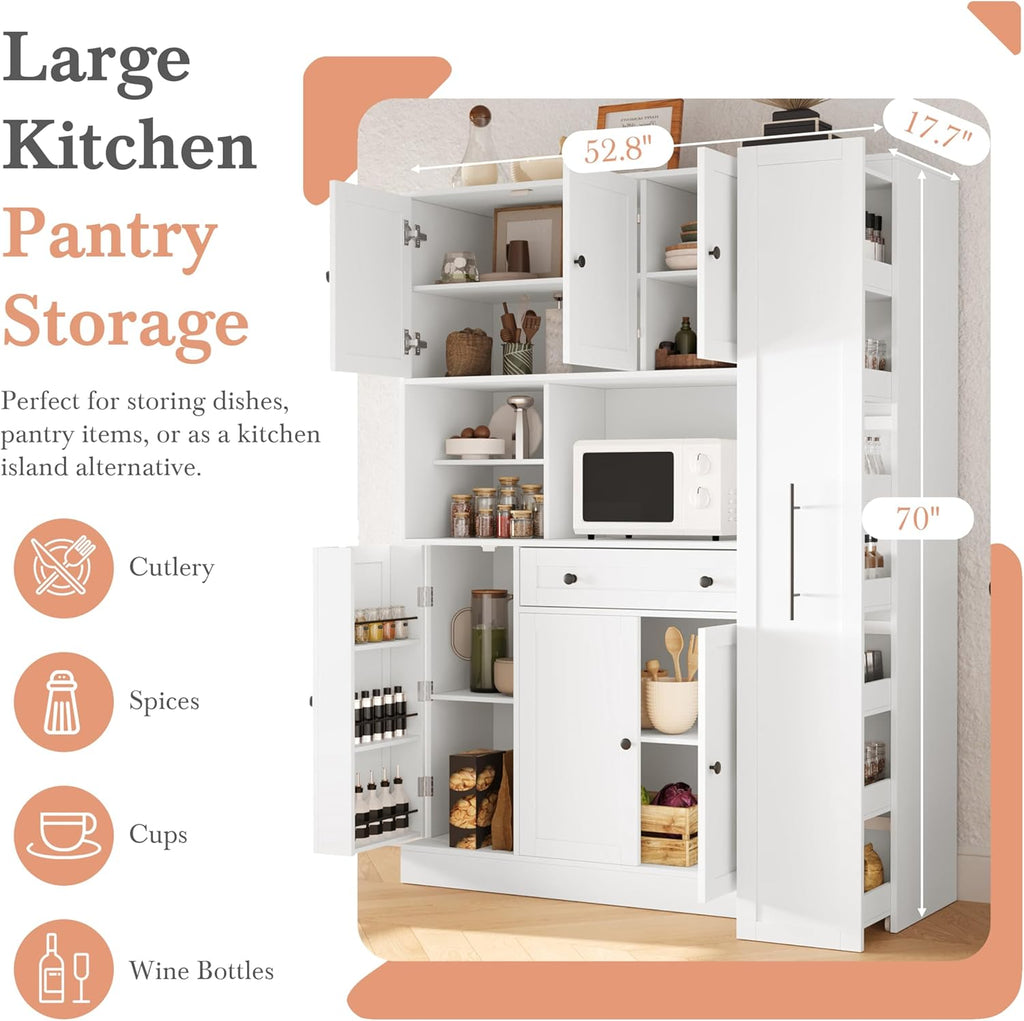 Merax 70'' Tall Traditional Freestanding Buffet with Hutch, Large Kitchen Pantry Storage Cabinet Cupboard with Pull-Out Side Cabinet, Door Shelves and Drawer, White