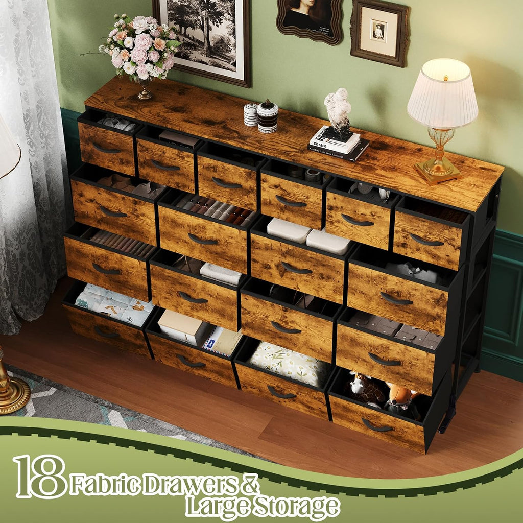 IDEALHOUSE 63'' Long Dresser with 18 Drawers for Bedroom - 18 Drawer Fabric Dresser TV Stand - Large Chest of Drawers for Living Room