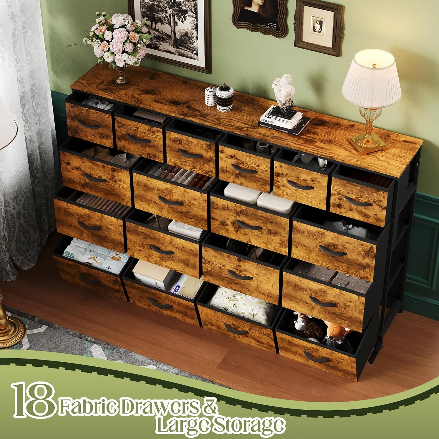IDEALHOUSE 63'' Long Dresser with 18 Drawers for Bedroom - 18 Drawer Fabric Dresser TV Stand - Large Chest of Drawers for Living Room