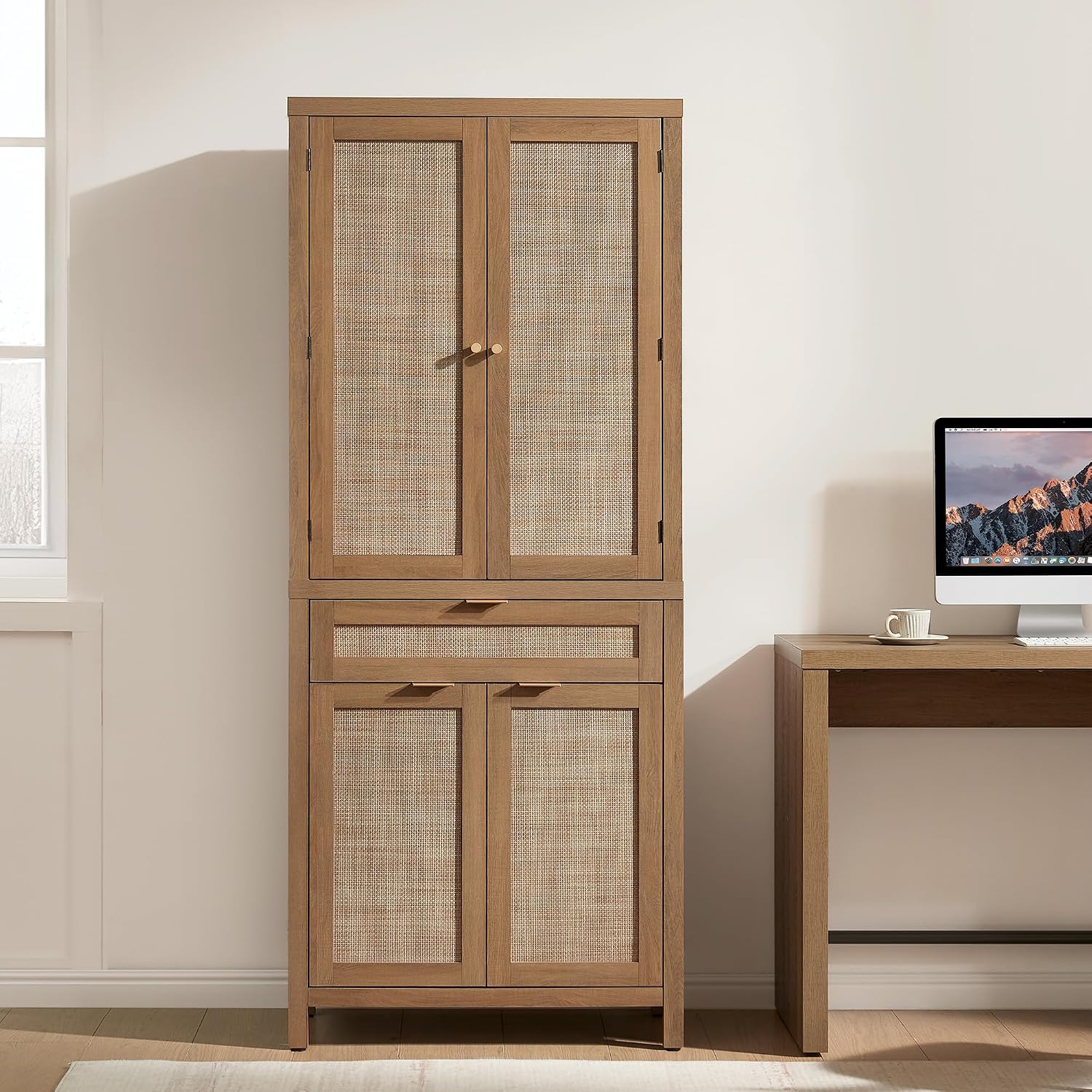 SICOTAS 72" Tall Pantry Cabinet - Rattan Kitchen Storage Cabinet with Large Drawer & 4 Doors, Farmhouse Freestanding Cupboard Pantry with Storage for Living Room, Dining Room, Oak