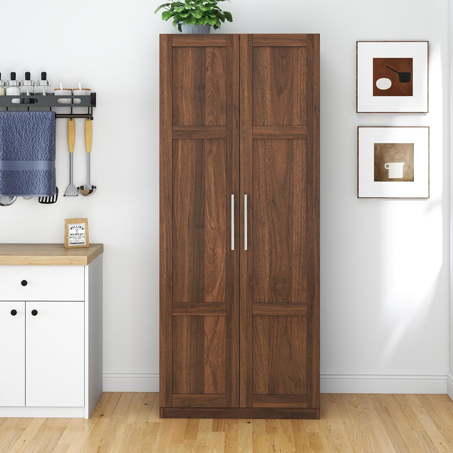 70.87'' Tall White Pantry Cabinet with 2 Doors 3 Adjustable Shelves Kitchen Storage Cupboard for Kitchen Dining Room Living Room, Walnut