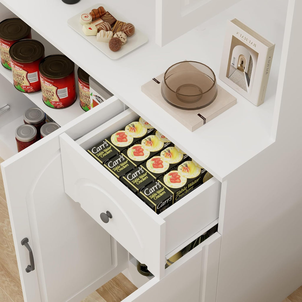 71" Tall Kitchen Pantry Storage Cabinet, Modern Kitchen Hutch Cabinet with Doors and Shelves, Freestanding Food Snacks Wine Buffet Counter for Dining Room, Living Room, White