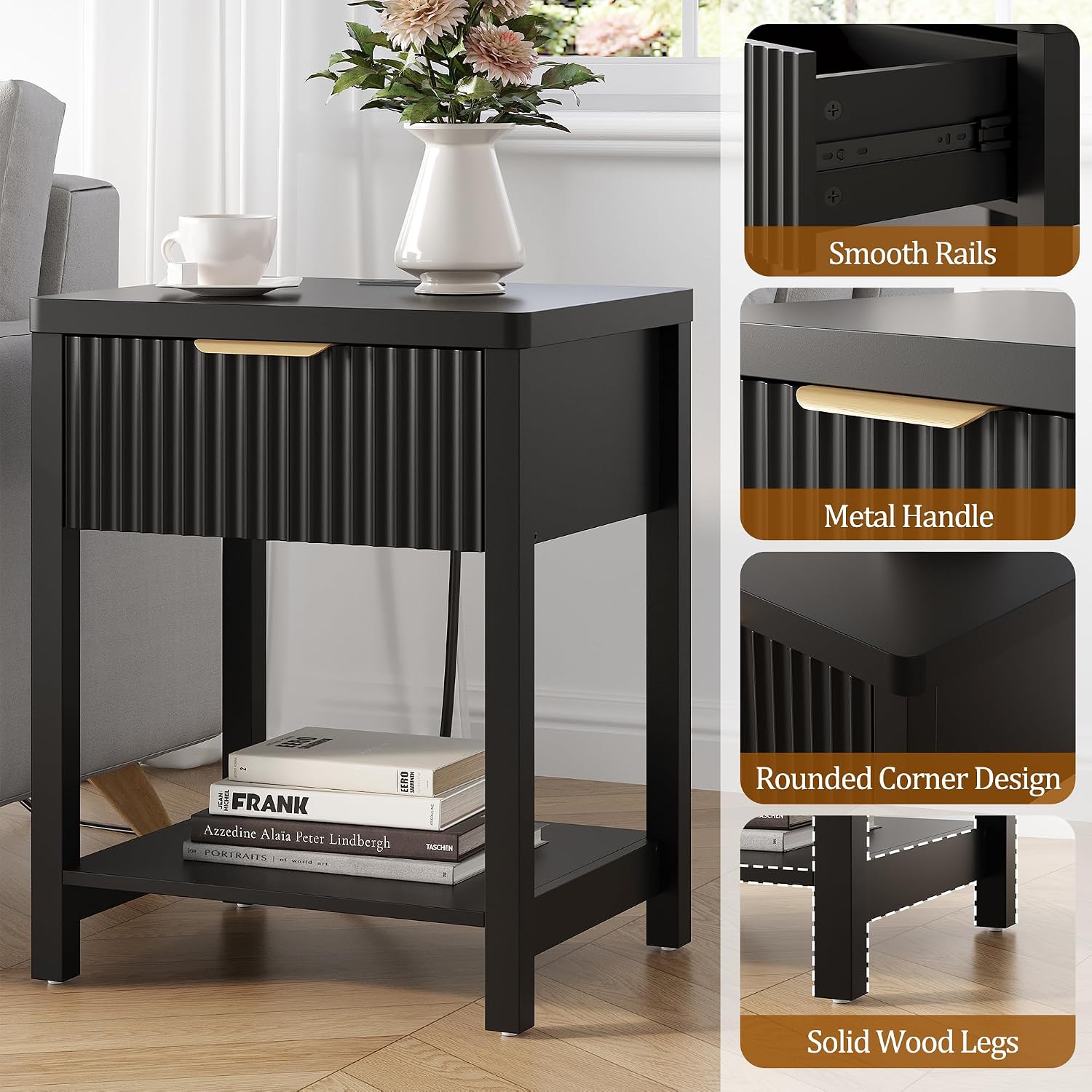 Fultyle Night Stand with Drawer, Mid Century Nightstand with Storage, Modern Fluted Bedside Table Bedroom Living Room for Small Space, Office, Black