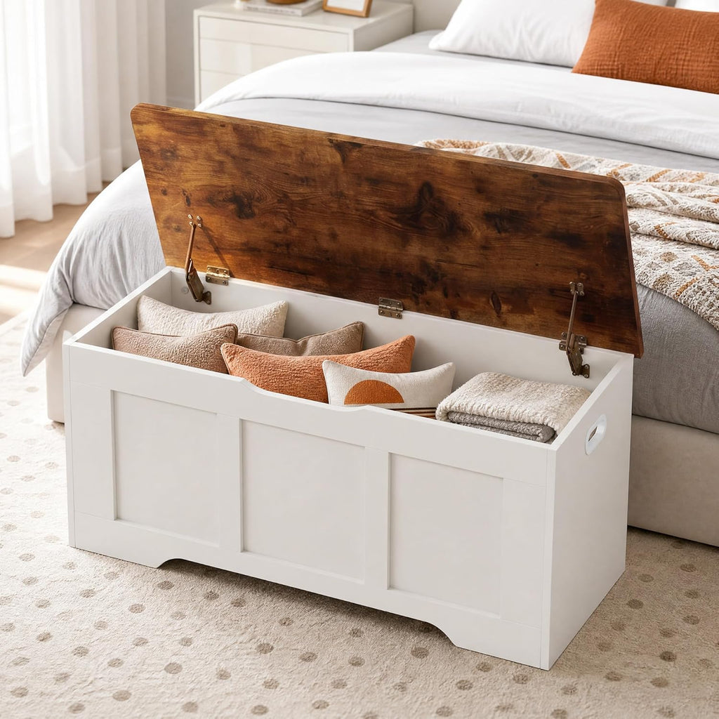 39.4" Wooden Storage Bench with 2 Safety Hinges, Flip Top Trunk for Entryway Hallway Bedroom Living Room, 350lbs Load Capacity, Blanket Organizer, White Walnut