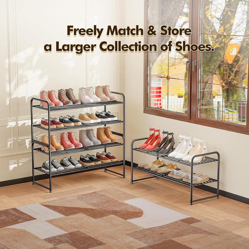 2 Pack Shoe Rack, 2-Tier Metal Stackable Shoe Shelf Storage Organizer, Heavy Duty Wire Shoe Stand for Entryway, Closet, Hallway, Holds 50 LBS, Black