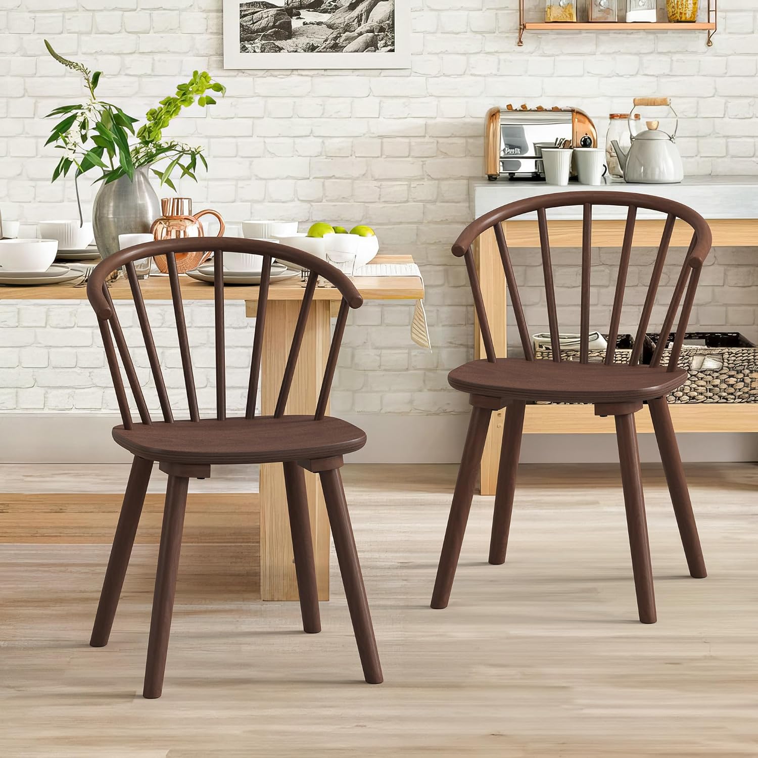 LUE BONA Walnut Dining Chairs Set of 2, Farmhouse Wood Dining Chairs with Semicircular Backrest, Spindle Dining Chair for Kitchen and Dining Room, 18 Inch